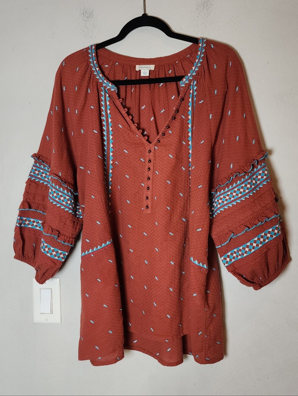Sundance 100% Cotton Embroidered Top Clay Brown Blue Lightweight Size Large